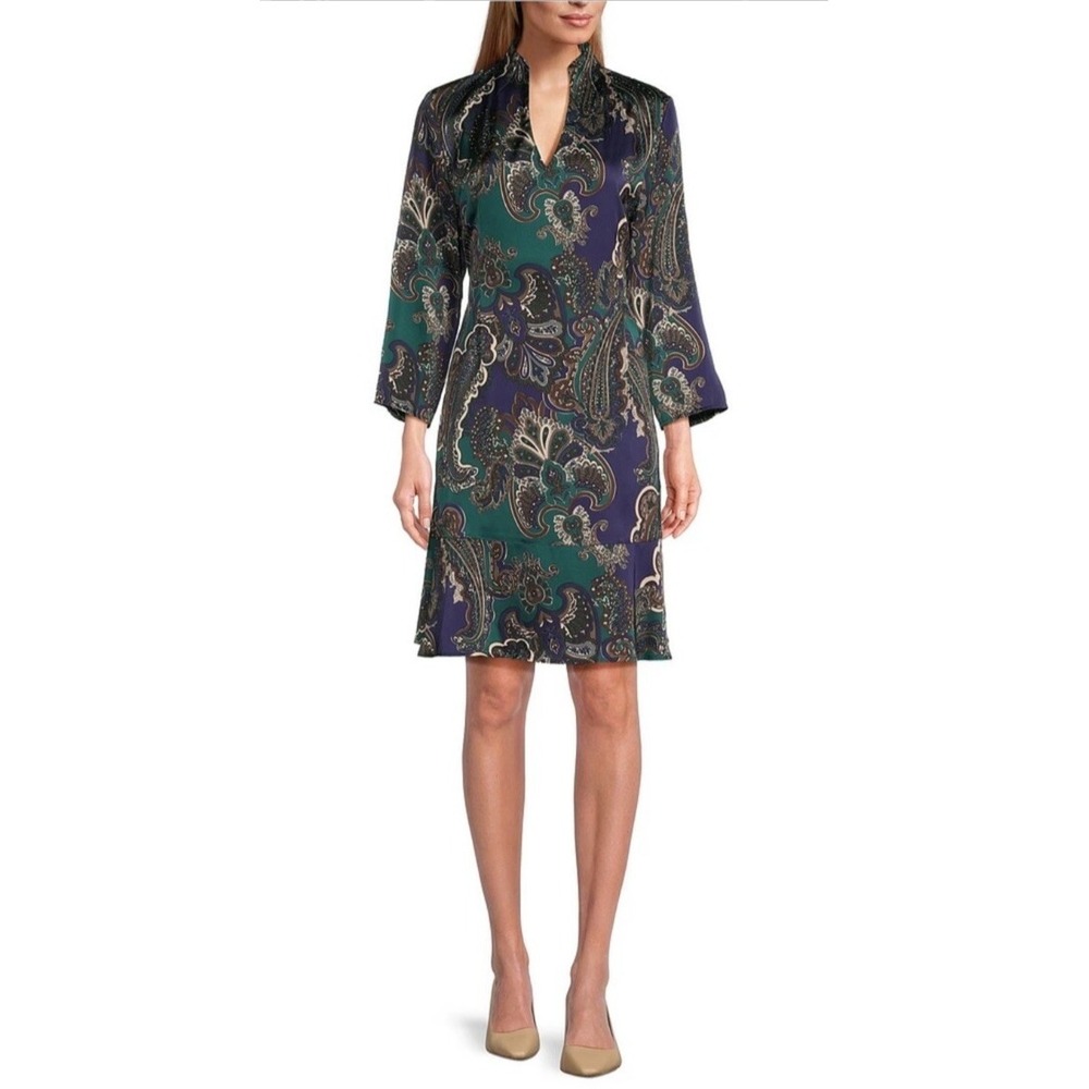 Ming Wang Crepe de Chine Split V-Neck Paisley Print Long Sleeve Midi Dress Sz L